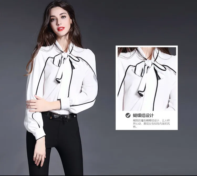 Лучшее качество нового Лидеры брендов Мода Весна Для женщин элегантный галстук-бабочка черно-белый цвет блок удлиненная блуза, юбка женский