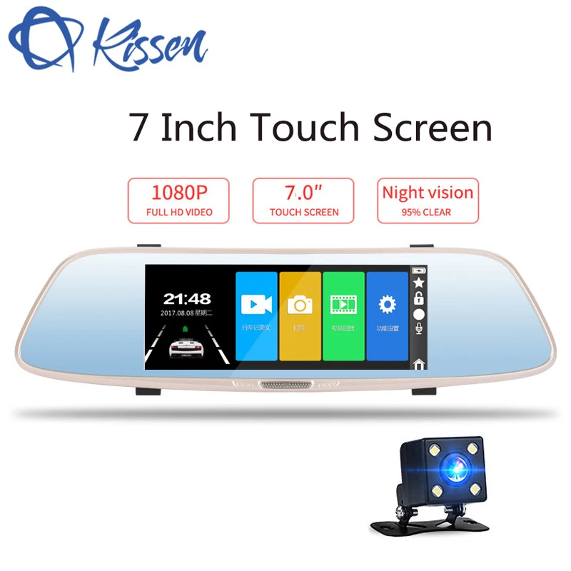 Billige Kissen 7 zoll Full HD 1080 p Dash Cam DVR Dash Kamera Rückspiegel Touch Screen Dual Lens Video Recorder auto Auto Kamera DVR