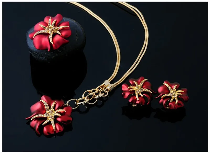 Элегантный роскошный дизайн Модный комплект ювелирных изделий с серьгами, ожерельем и кольцом золотой цвет красный и синий Стразы ювелирные изделия