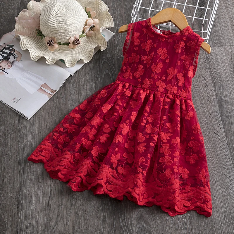 Красные детские платья для девочек, платье, брендовая одежда для девочек, кружевная дизайнерская юбка-пачка с цветочным рисунком, праздничная одежда для дня рождения, одежда для детей 3-8 лет