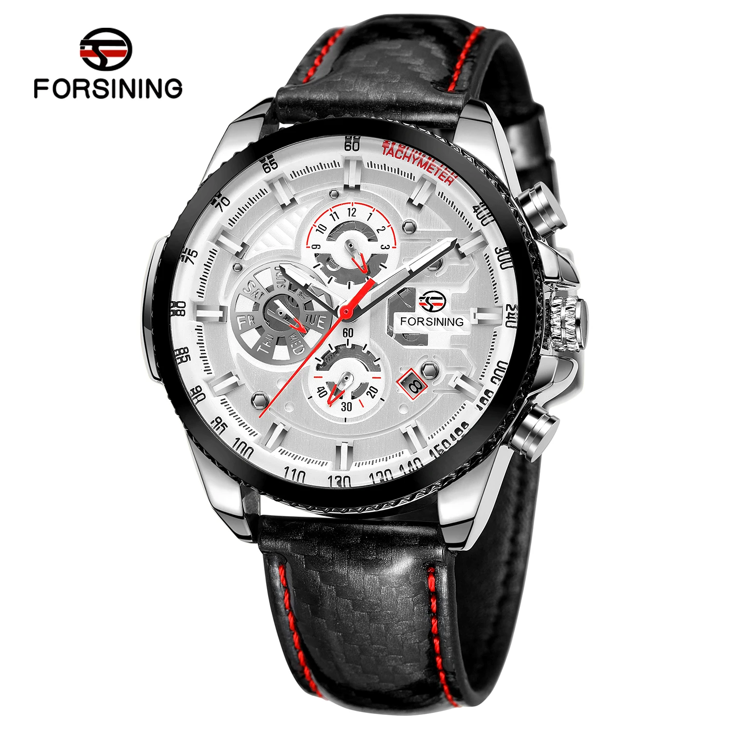 Forsining Three Dial Calendar Display Black Men Automatic Leather strap Wrist Watch Top Brand Luxury Military Sport Male Clock