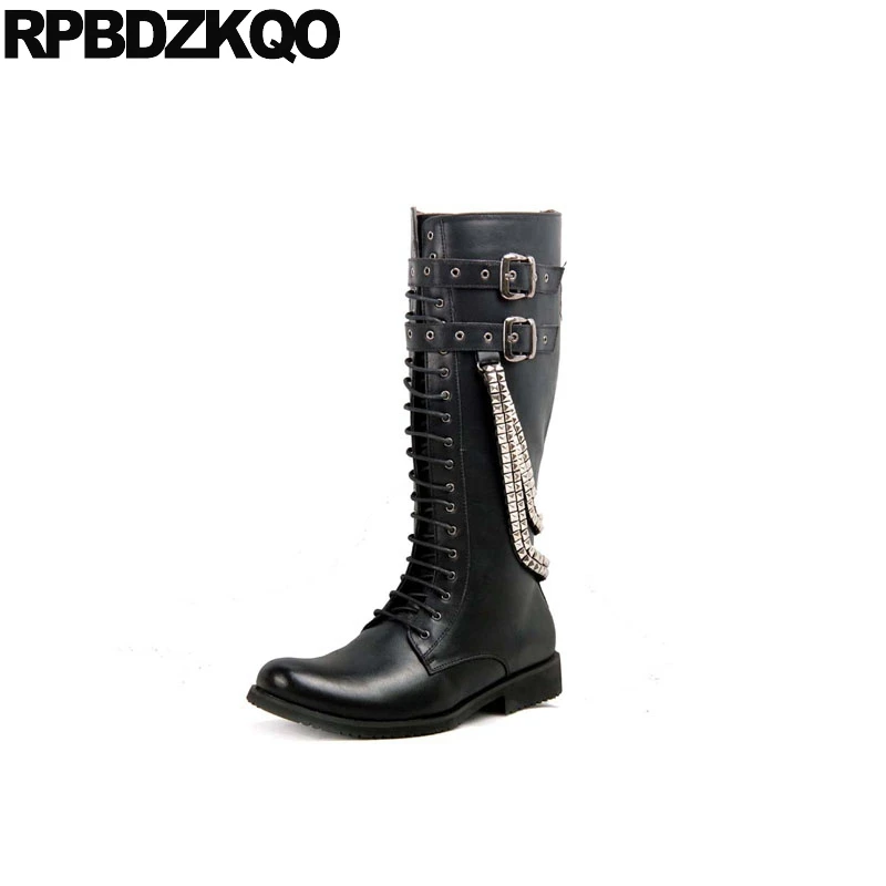

Black Mens Knee High Leather Boots Shoes Embellished Metalic Punk Motorcycle Tall British Style Chunky Waterproof Pointed Toe