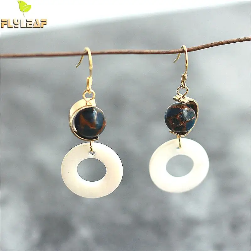 

Flyleaf 925 Sterling Silver Natural Stone Shell Round Drop Earrings For Women Simple Temperament Dangle Earings Fashion Jewelry