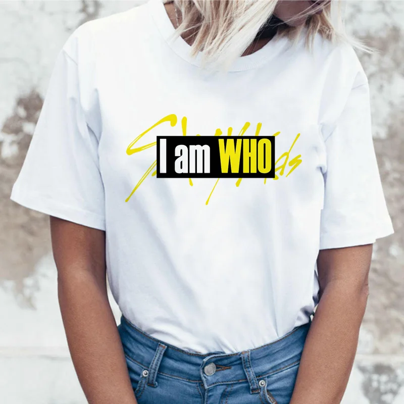 Stray Kids/Корейская футболка с надписью «I am Who»; футболка; женская одежда; футболки в стиле Харадзюку; летняя уличная одежда; ulzzang