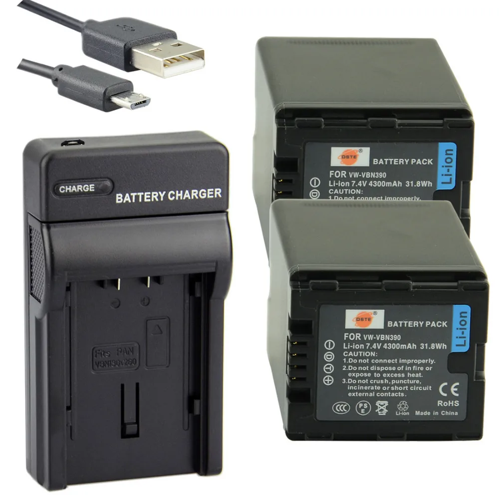 

DSTE 2PCS VW-VBN390 Li-ion Battery with USB Port Charger for Panasonic HDC-SD800GK TM900 HS900 SD900 Camera