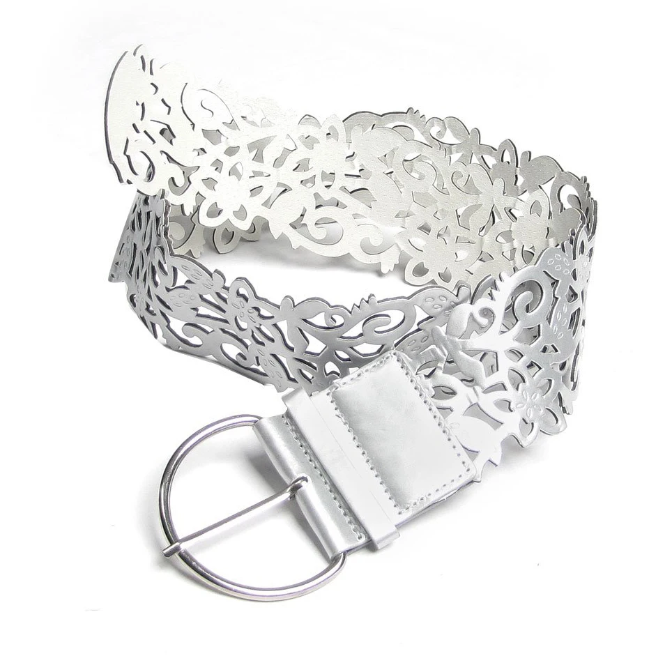 

2017 NEW Ladies Silver Tone Faux Leather Cut Out Flower Pin Buckle Wide Belt