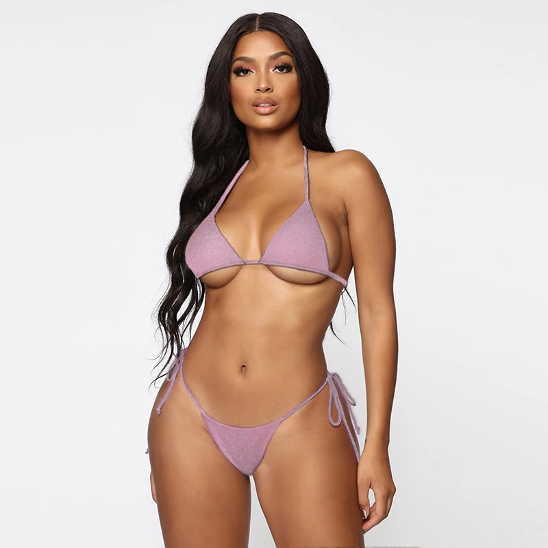 

2019 Summer Sexy Sling Swimwear Women Solid Thong Swimsuit Bandage Beachwear Brazilian Push Up Bikini Female Bathing Suit