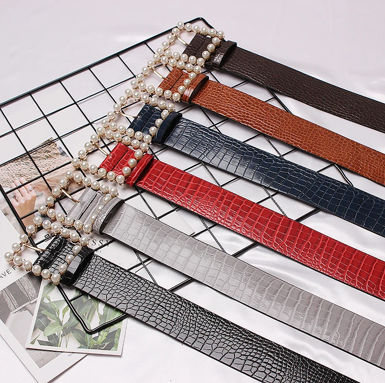 

European Design Pearl Buckle Pin PU Women Belts Vintage Red Brown Crocodile Grain Leather Pant Dress Belts Caestus Decoration
