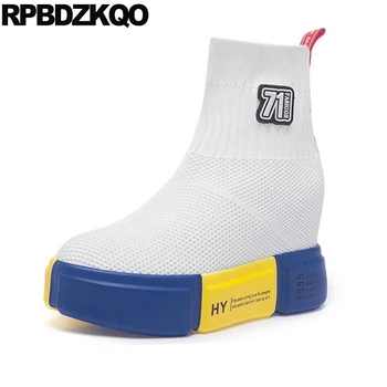 

Booties Hidden Ankle High Heel Sock Slip On Women Muffin Casual Mesh Sneakers Wedge White Platform Boots Shoes Knit Harajuku New
