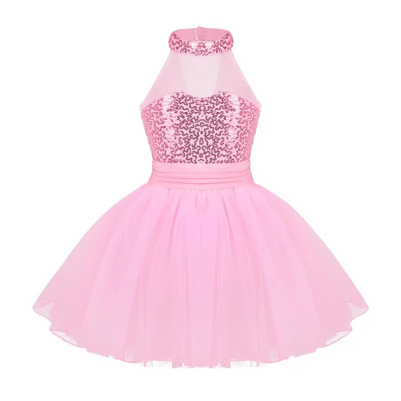 Kids Girls Mock Neck Ballet Dance Dress Gymnastic Leotard Shiny Sequins Sleeveless Mesh Splice Ballet Leotard Flower Girls Dress - Цвет: Pink