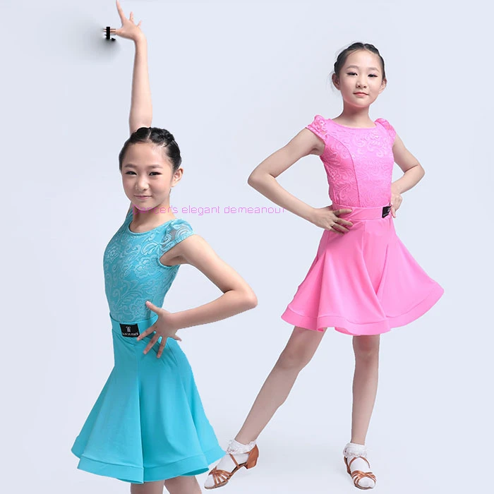 Новый лайкра для латинских танцев старший кружева с коротким рукавом Топ + юбка 2 шт. для девочек латинские танцы костюм для девочек