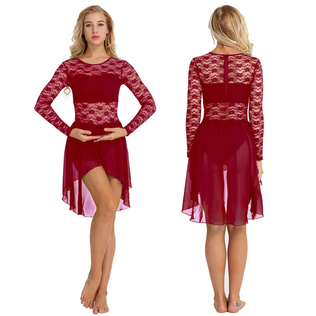 Women Lyrical Dance Costumes Long Sleeve Floral Lace Chiffon Dance
