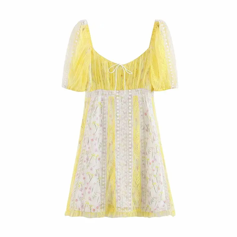Любовь к винтажу, кружевное женское мини-платье LIMONCELLA, летнее платье с квадратным вырезом и регулируемым принтом в стиле пэчворк, желтое плиссированное платье