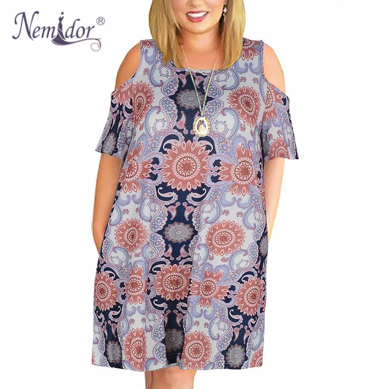 Nemidor Women's Cold Shoulder Plus Size Casual T-Shirt Swing Dress with Pockets (26)