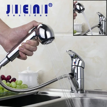 

JIENI DE Pull Out Chrome Brass Finish Deck Mounted Tap Kitchen Sink Faucet Hot & Cold Mixer Polish Taps spray water in two ways