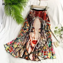 Faldas mujer moda Женская юбка Европейский Американский мультфильм портрет узор комплект пуловер+ кожаная юбка плиссе jupe femme