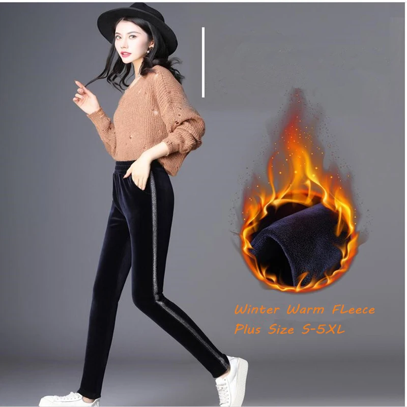 

Shikoroleva Women Leggings Warm Thick Fleece Winter Gold Velvet Sequin Glitter Strap Plus Size 5XL S Blue Black Pocket Jeggings
