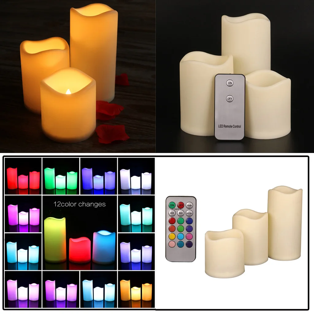 3PCS Flameless Wax LED Flickering Candles Battery Mood Lights with Remote Controller