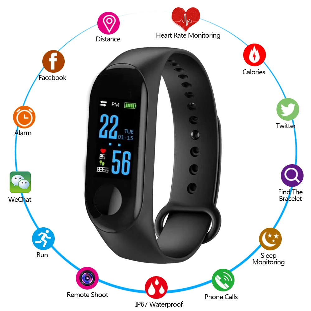 

M3 Smart Bracelet Fitness Pressure Heart Rate Blood Pressure Monitor Camera Control Sport Smart Watch for Xiaomi Mi iOS Android