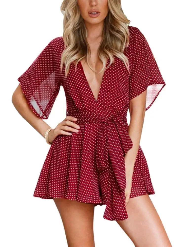 

Yfashion Solid Sexy Deep V Neck Polka Dot Short Sleeve Romper for Women