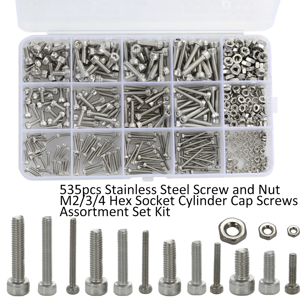 

535pcs Stainless Steel Screw & Nut M2/3/4 Hex Socket Cylinder Cap Screws Assortment Set Tools Kit