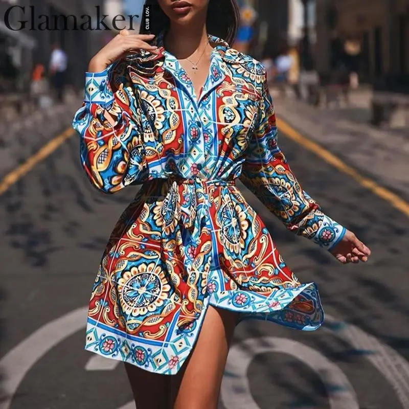 Najtaniej Glamaker Paisley druku niebieski krótka koszula sukienka kobiety sexy elegancka impreza klub mini sukienka kobiet bodycon sukienka z długim rękawem vestidos