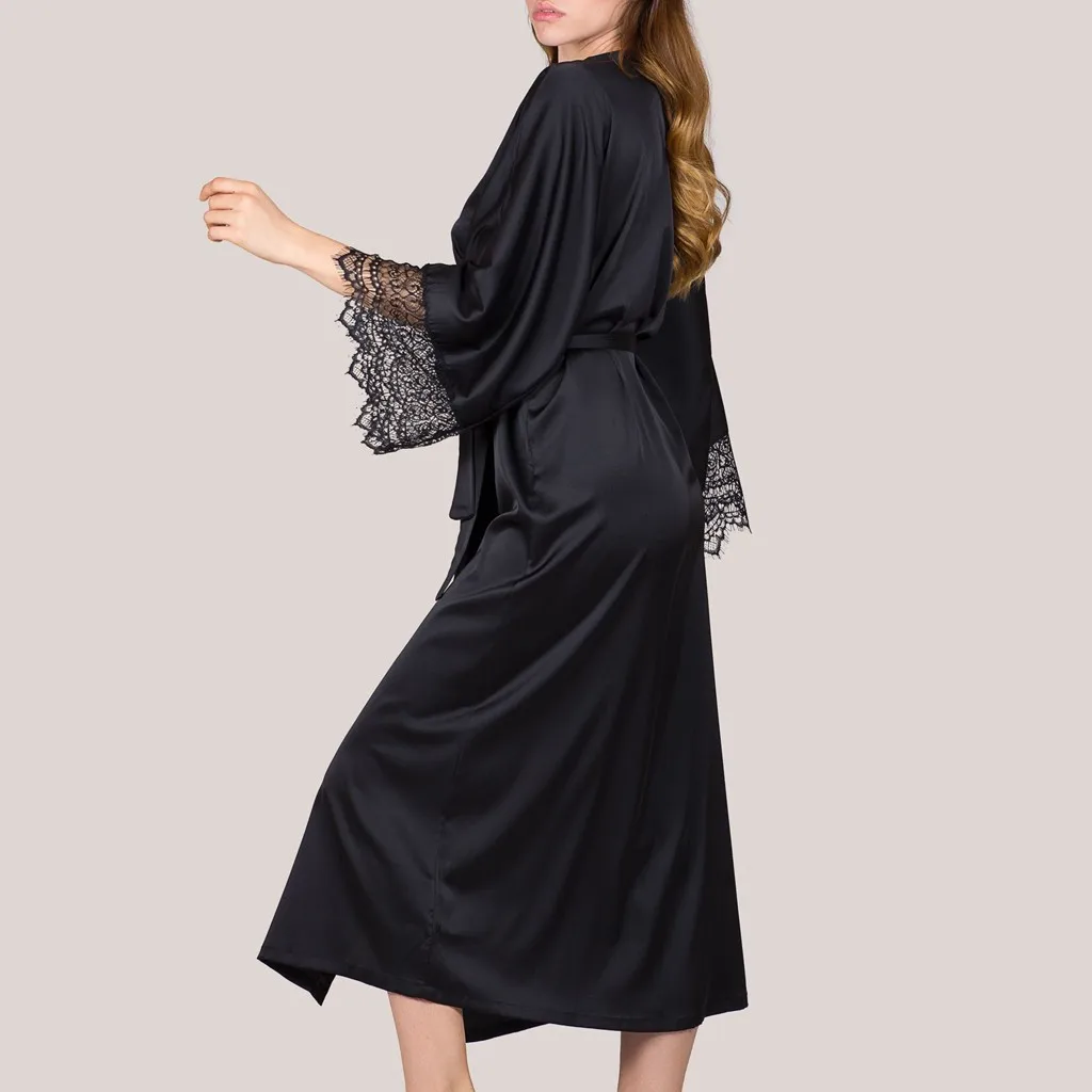 Женское сексуальное черное ночное белье, атласное кимоно, халат, белье, пижама с поясом, банный халат, пижама, кружевное белье