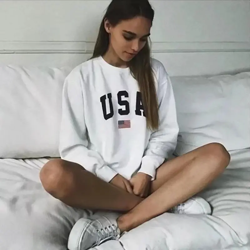  Women USA Letter Printed Sweatshirt Long Sleeve O Neck Jumper Pullover Tops Autumn Winter Femme Loo
