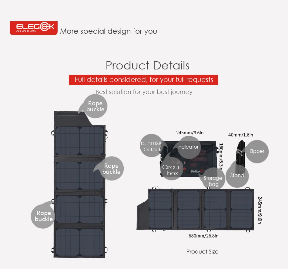 ELEGEEK 22 Вт 5 В портативное солнечное зарядное устройство двойной USB складная солнечная панель с регулируемой подставкой и сумкой для хранения для смартфона
