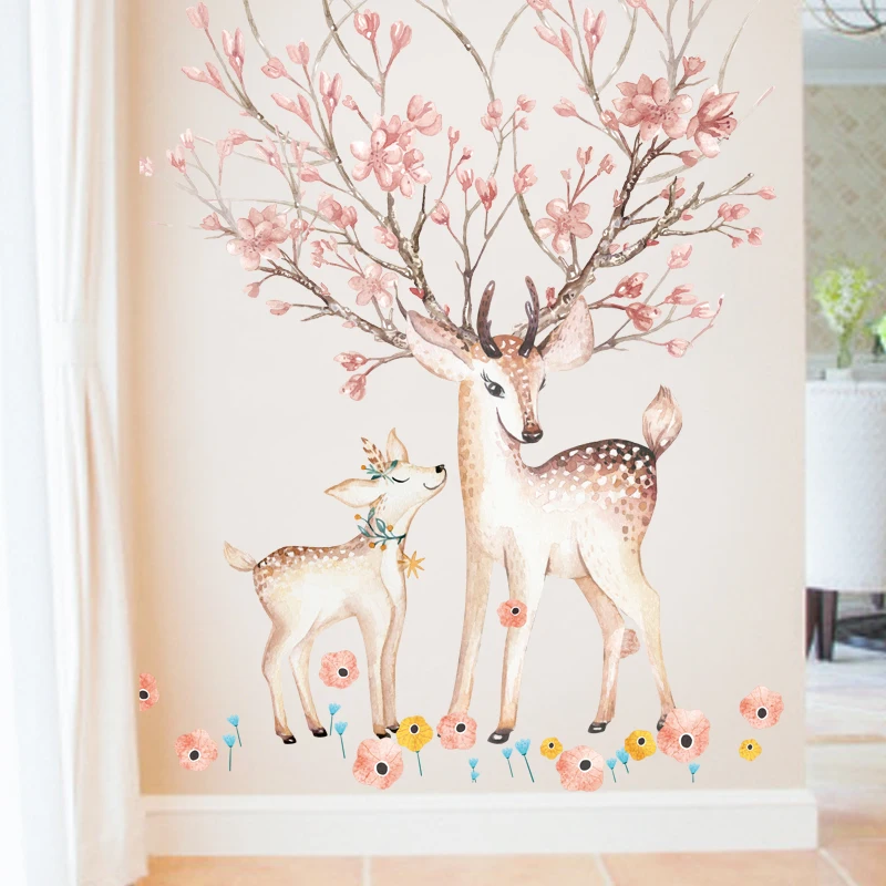 Parent Child Sika Deer Flowers Wall Sticker for Living Room Art Vinyl Wall Decals for Kids Baby Home Decor Adesivo De Parede