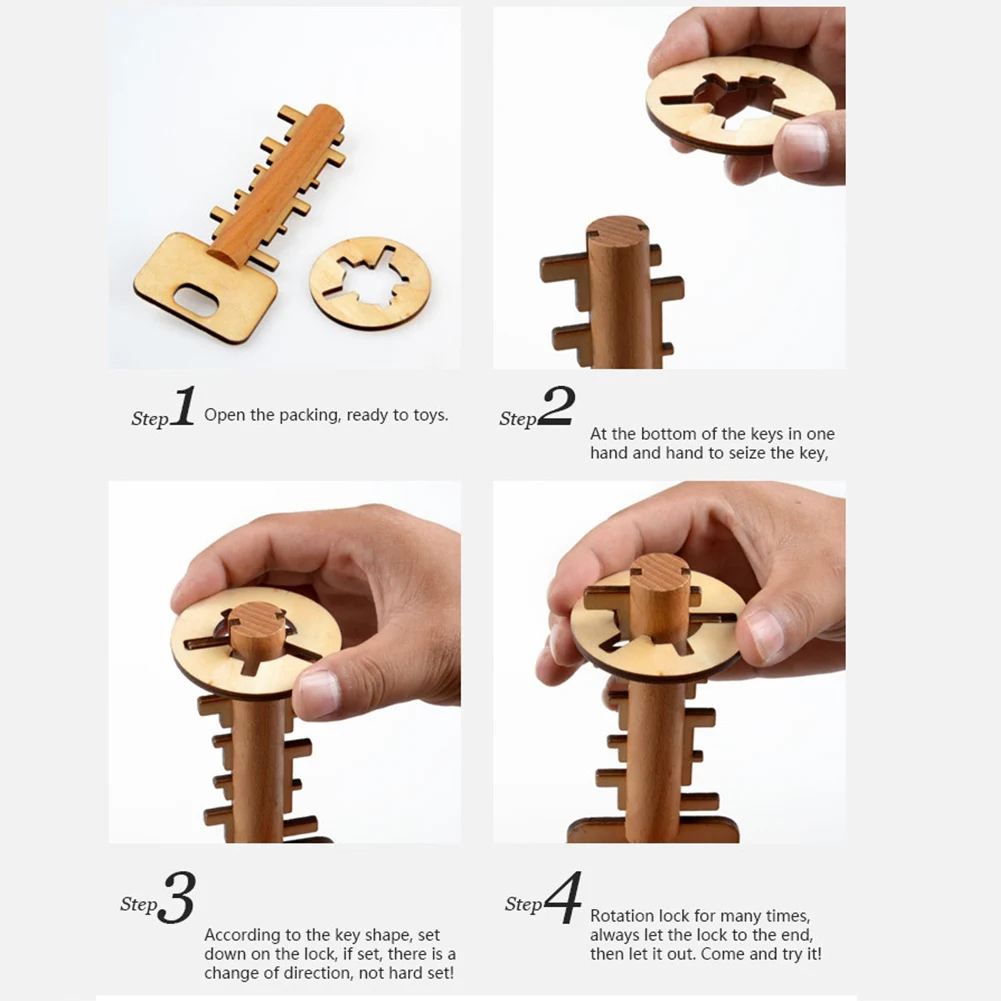 Wooden Lock/Unlock Puzzle Key Toy Chinese Traditional Luban Educational Key Lock Catch Shape Matching Puzzle Toy for Kids