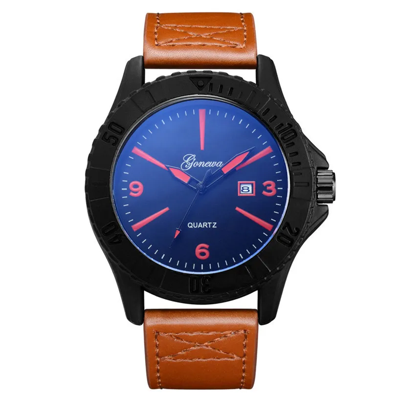 

GONEWA Men's Analog Sport Wrist Stainless Steel Case Leather Quartz Watch man high qulity Fashion watch #2013