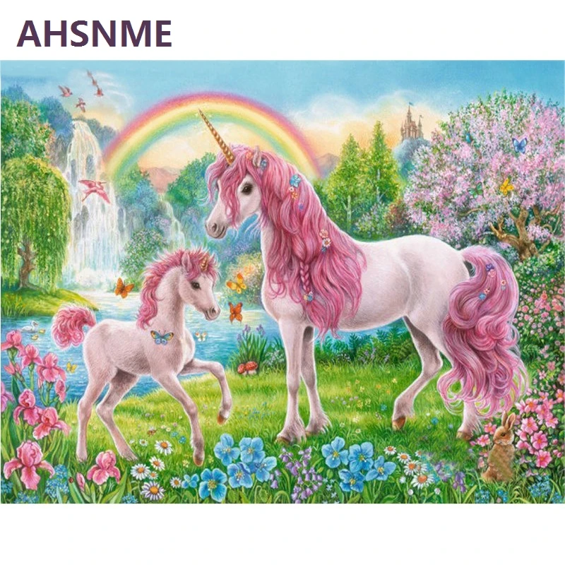 

AHSNME 40x50cm Cute pink unicorn DIY Oil Painting By Numbers Kits Wall Art Picture Home Decor Semi-finished oil painting 1112