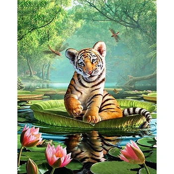 

Diamond Painting Cross Stitch Young Tiger On Lotus Leaf round rhinestone mosaic Picture 5D diamond embroidery KBL