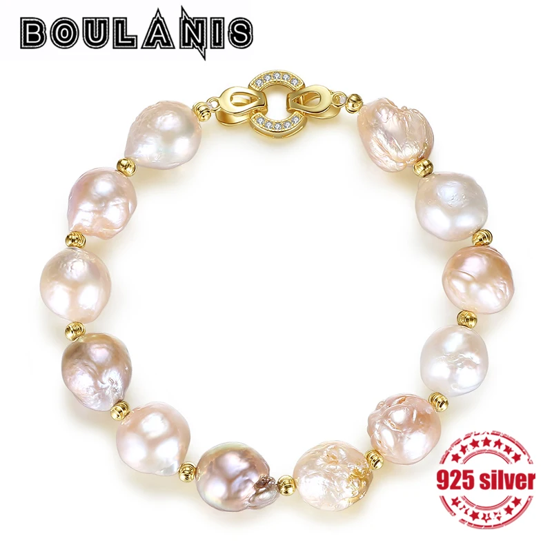 

BOULANIS S925 Sterling Silver Bracelet Plated 18K Gold Baroque Natural Shaped Pearl Bracelet Personality Fashion Jewelry 2018