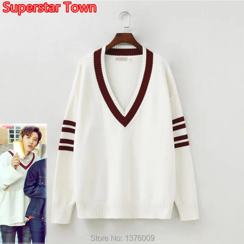 

2018 Autumn Knitted Hoodie KPOP EXO ChanYeol Got7 Jackson V Neck Tops Harajuku Mori Girls Sweatshirt JK Uniform Costume