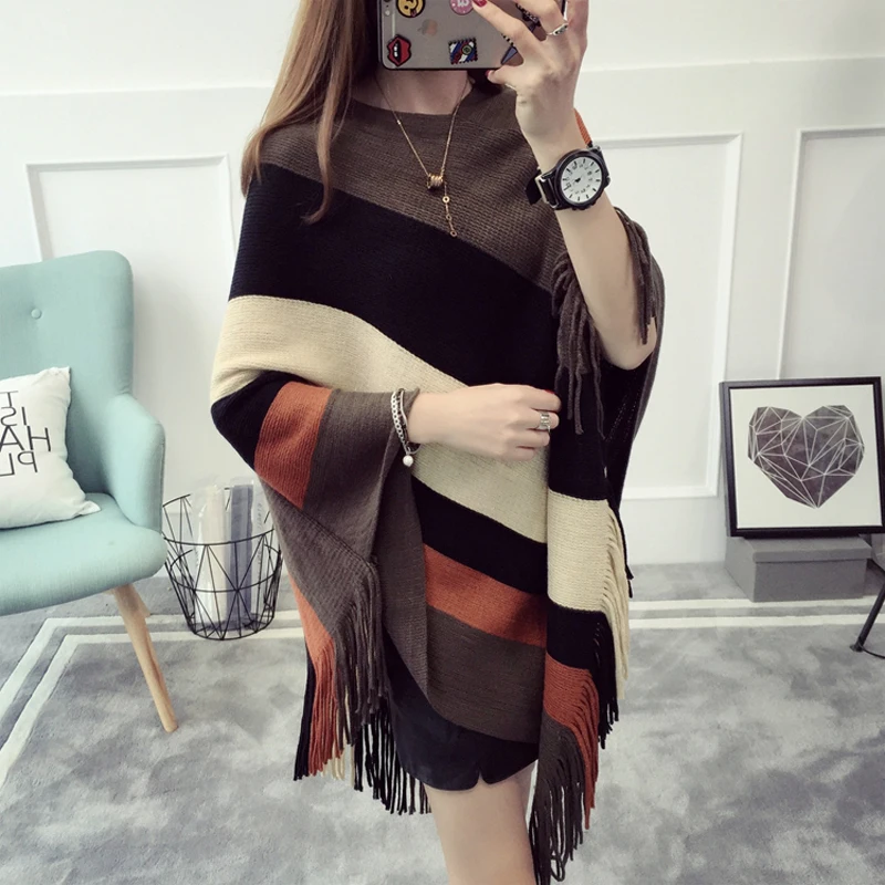

Fringe Women's Sweater Cloak Shawl Coat Stripes Pullover 2019 Winter Woman Sweater Knitting Pullovers And Sweaters Oversized