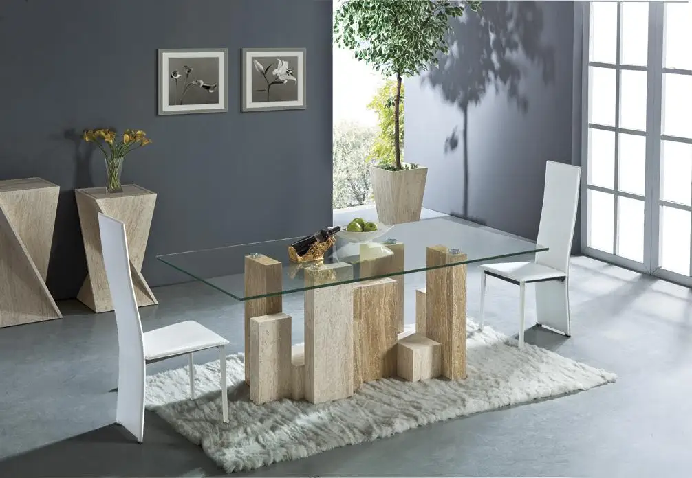 

White Travertine and Yellow Travertine Dining Table Set High Quality Natural Marble Dining Furniture Rectangle Table NB-117