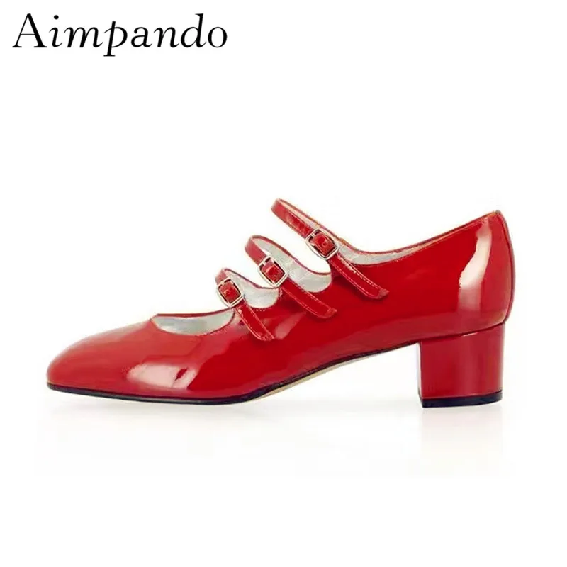 

Preppy Style Mary Janes Red Patent Leather Square Heel Round Toe Studded Buckle Shallow Women Pumps