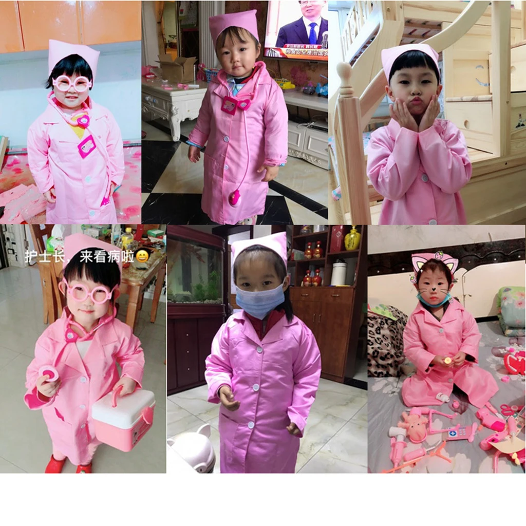 Kids Long Sleeve Doctors Uniform, Children Nurse Costume Lab Coat & Cap Pretend Play Dress Suit Set
