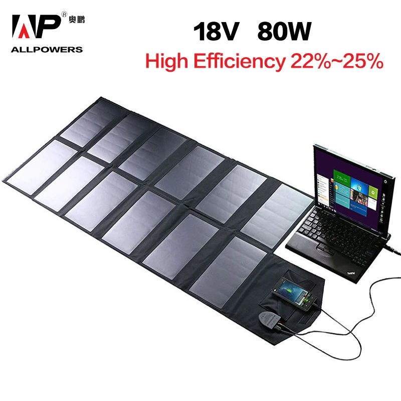 

ALLPOWERS Solar Panel 80W Solar Battery Charger for iPhone Sumsung Phones Lenovo HP Dell Acer Laptops 12V Car Battery etc.