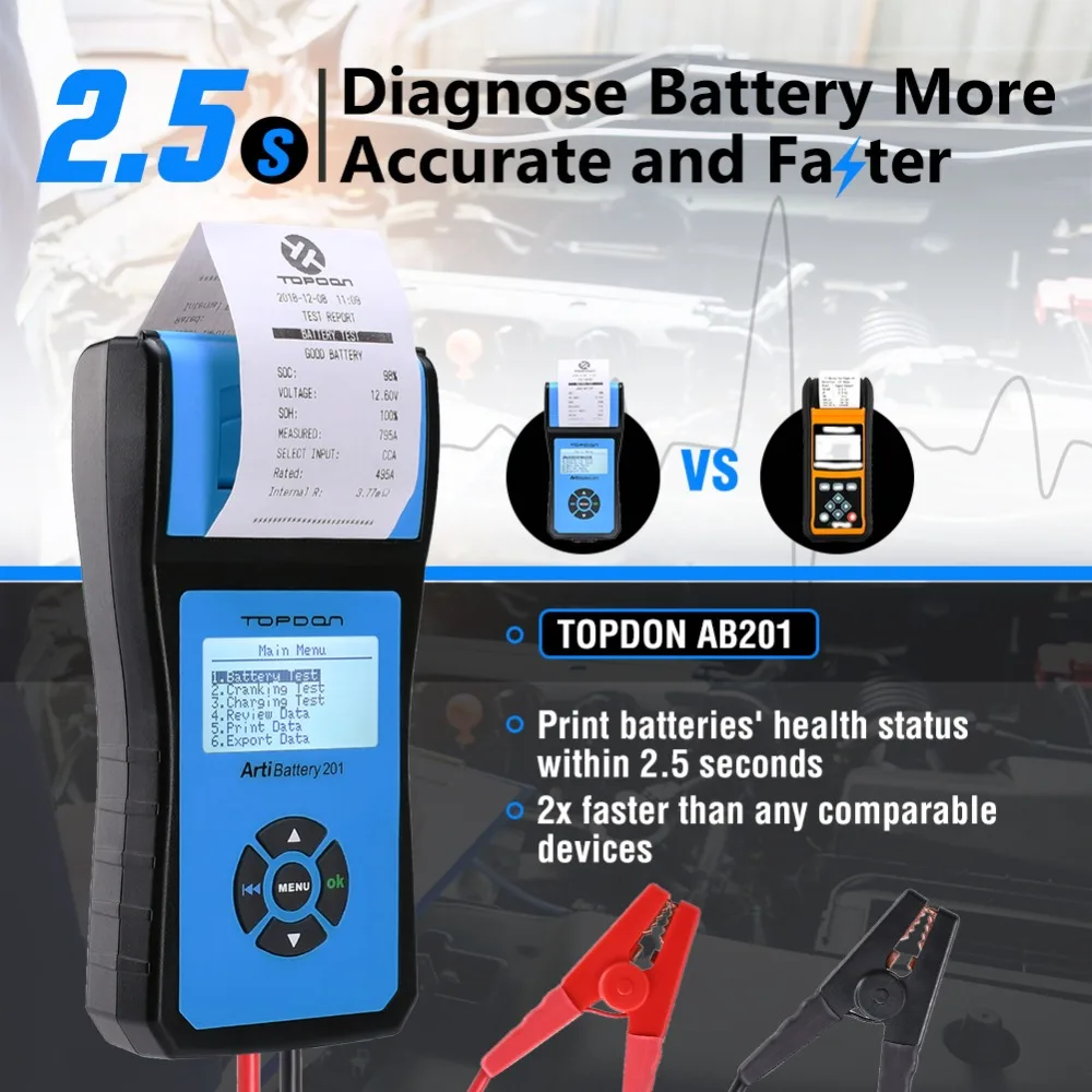 

TOPDON ArtiBattery 201 Car Battery Charger Truck Motorcycle Commercial kr Accurate Faster Print Data Gel Battery Tester Analyzer