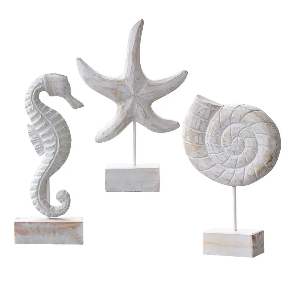 

New arrival Mediterranean Style Wood Crafts Starfish Conch Hippocampus Carving Marine for Home Ornament Decoration