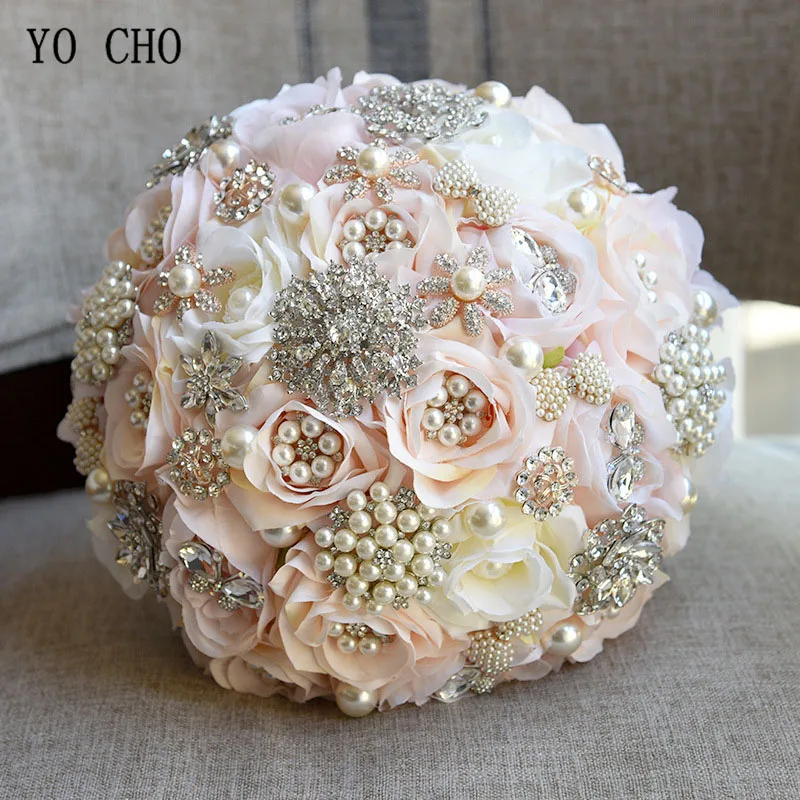 

YO CHO Wedding Bouquet Bridal Bridesmaid Wedding Crystal Pearl Rose Flower Luxurious Bride Posy DIY Home Party Prom Decorations