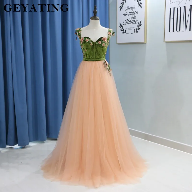

Coral Spaghetti Straps Long Peach Prom Dresses 2019 Green Velvet 3D Floral Girls Pageant Engagement Arabic Evening Party Gowns