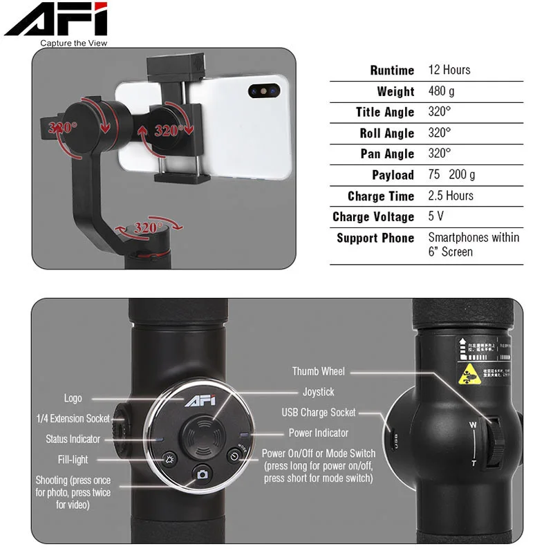 Afi V5 карданный стабилизатор для телефона 3-осевой Ручной Стабилизатор для смартфона Сотовая связь телефон селфи-палки для действий Камера