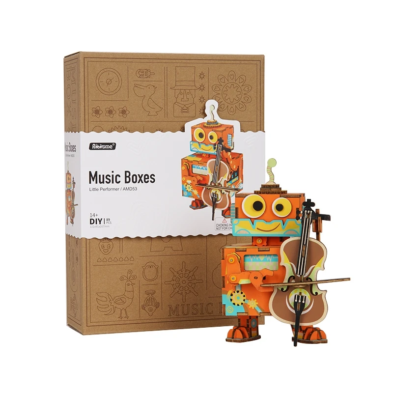 

Robotime DIY 3D Little Robot Performer Wooden Puzzle Game Assembly Moveable Music Box Toy Gift for Children Kids Adult AMD53