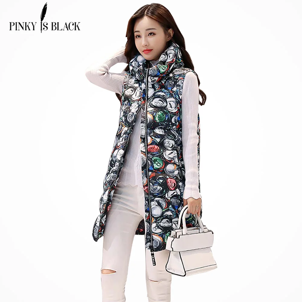 PinkyIsBlack Autumn Winter Women Vest 2018 New Fashion Print Long Ladies Vest Coat Thicken Hooded Warm Winter Women Waistcoat