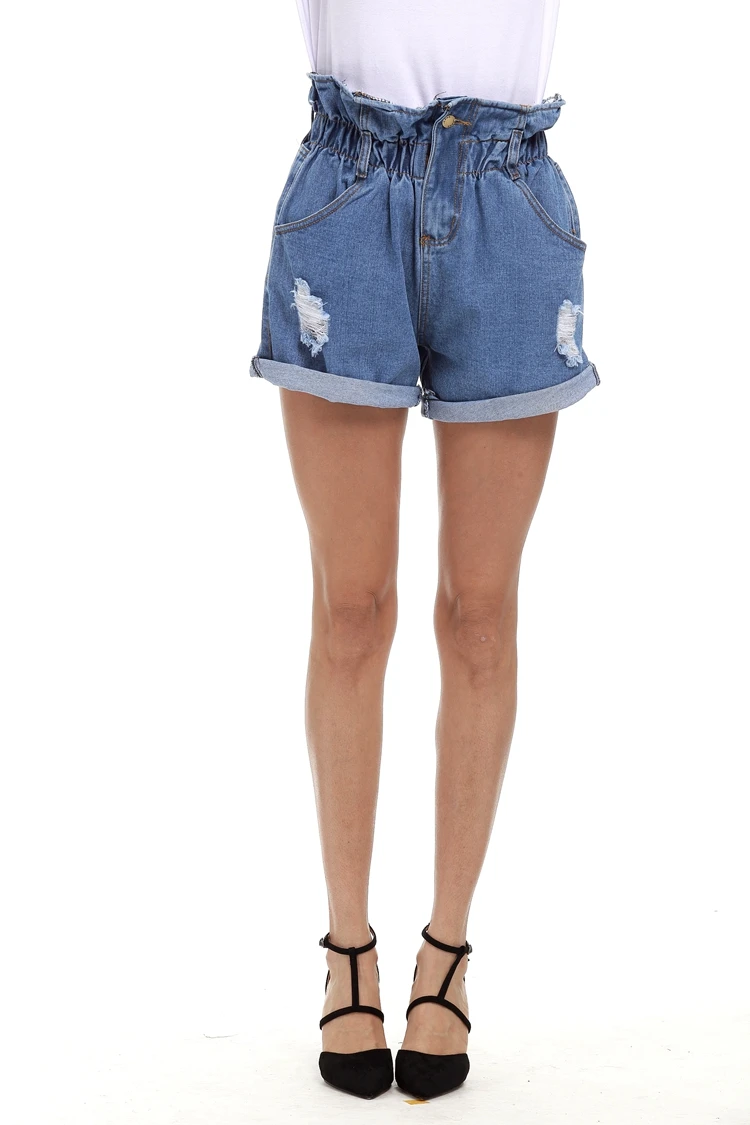 Ripped Denim Shorts Fashion Crimping Hem High Waist ripped denim shorts fashion crimping hem high waist