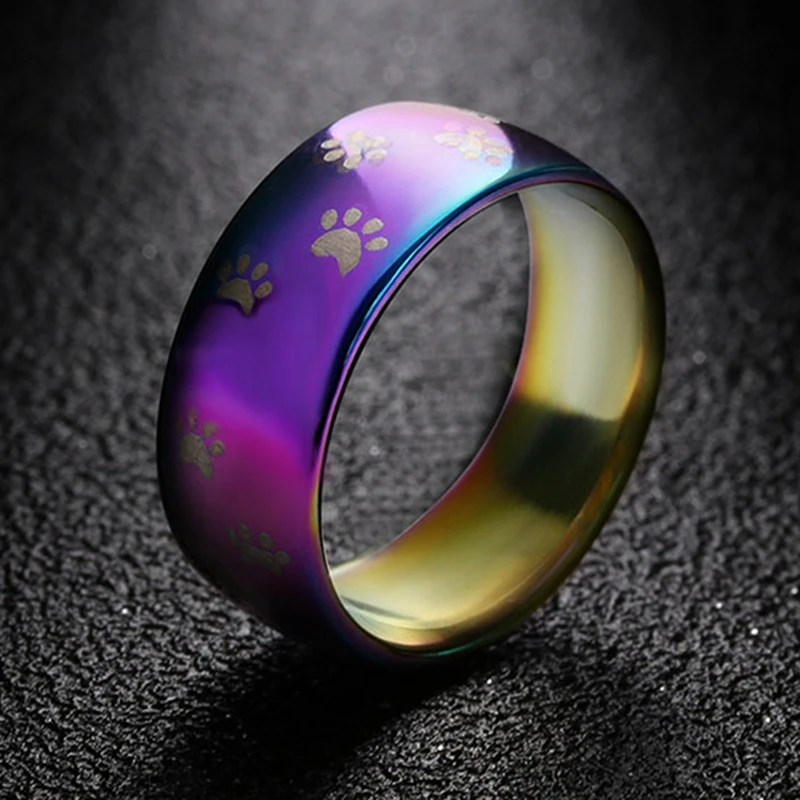 Fashion Cute Dog Cat Paw Rings Jewelry Stainless Steel Wedding Band Rainbow Couple Ring for Women Width 8mm,wedding rings,womens ring,couple rings,finger rings,jewelry rings,ring jewelry